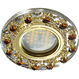 Ecola MR16 DL1660 GU5.3 Glass Стекло Круг с прозр.и янтарн. стразами Корона (оправа золото)/фон зерк./центр.часть золото 28x93