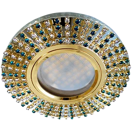 Ecola MR16 DL1662 GU5.3 Glass Стекло Круг с прозр.и бирюз. стразами (оправа золото)/фон зерк./центр.часть золото 25х93