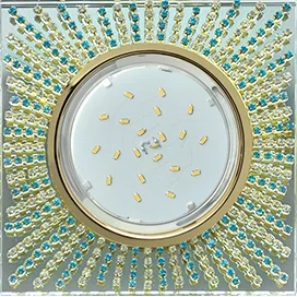 Ecola GX53 H4 5353 Glass Квадрат с прозр.и бирюз. стразами (оправа золото)/фон зерк../центр.часть золото 40x123x123 (к+)