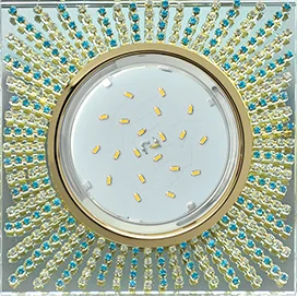 Ecola GX53 H4 5353 Glass Квадрат с прозр.и бирюз. стразами (оправа золото)/фон зерк../центр.часть золото 40x123x123 (к+)