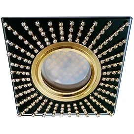 Ecola MR16 DL1659 GU5.3 Glass Стекло Квадрат с прозр.стразами (оправа золото)/фон черный./центр.часть золото 30x95x95