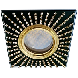 Ecola MR16 DL1659 GU5.3 Glass Стекло Квадрат с прозр.стразами (оправа золото)/фон черный./центр.часть золото 30x95x95