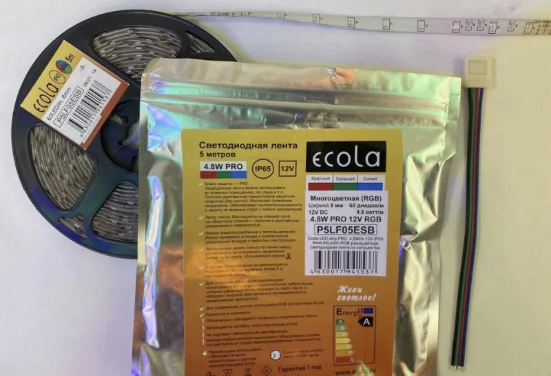 Ecola LED strip PRO 4,8W/m 12V IP65 8mm 60Led/m RGB разноцветная светодиодная лента на катушке 5м.